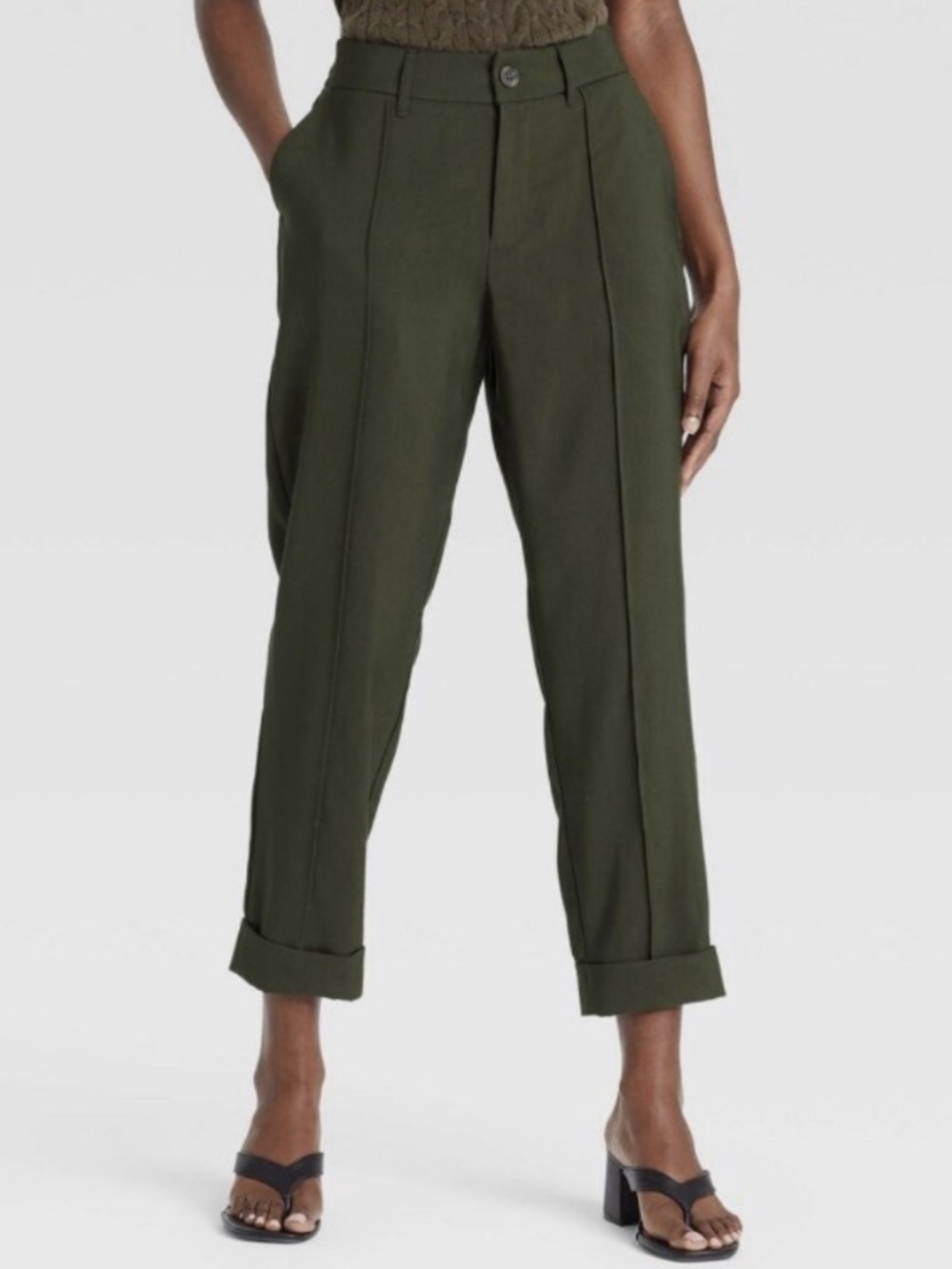 A New Day Straight Slim High-Rise Pintuck Ankle Pants - Olive Green